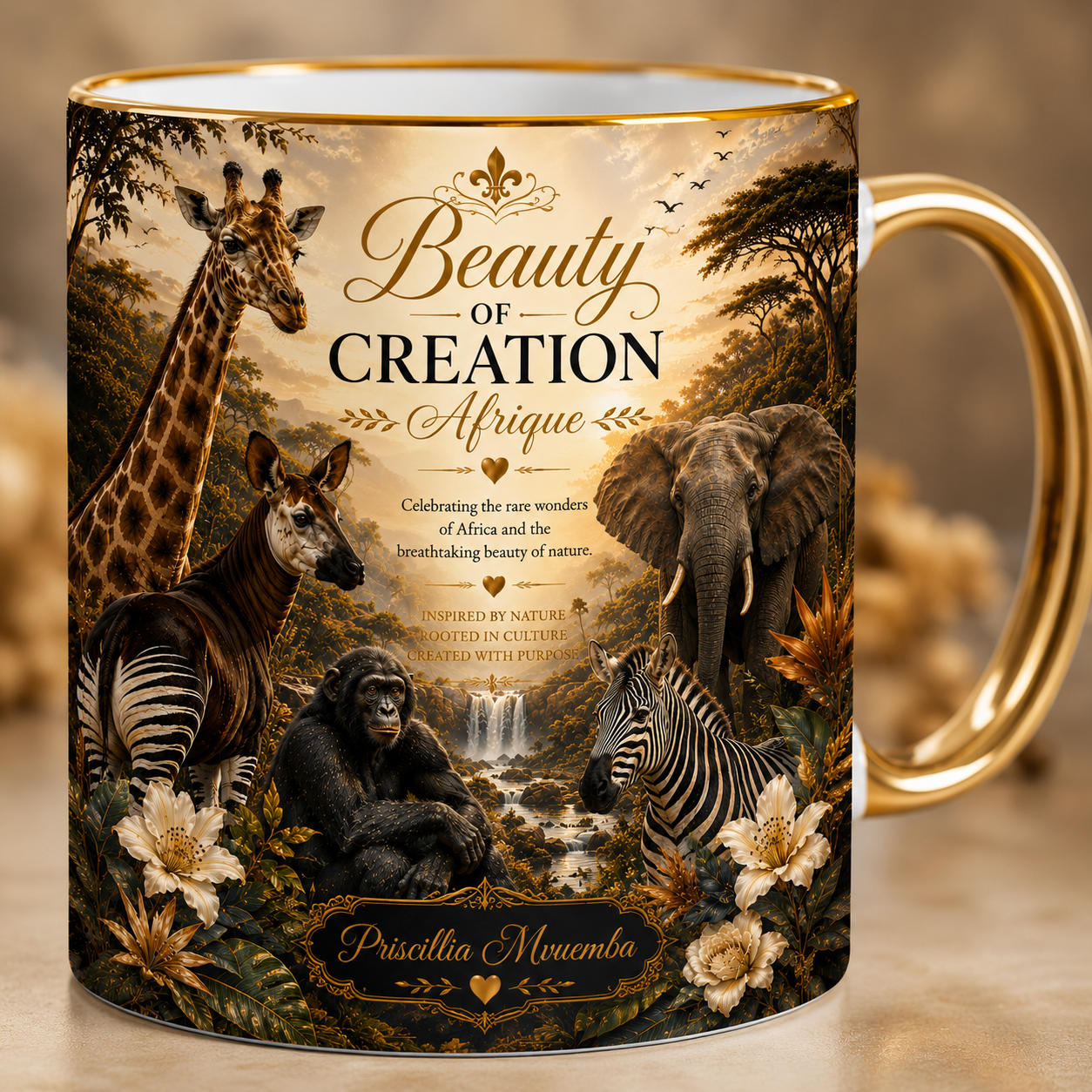 Beauty of Creation African Wildlife Mug — Elephant, Giraffe, Okapi, Zebra & Bonobo