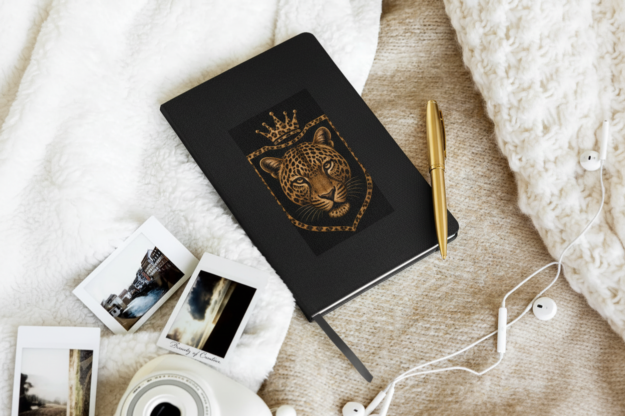 Hardcover Leopard Notebook lifestyle flat lay avec stylo