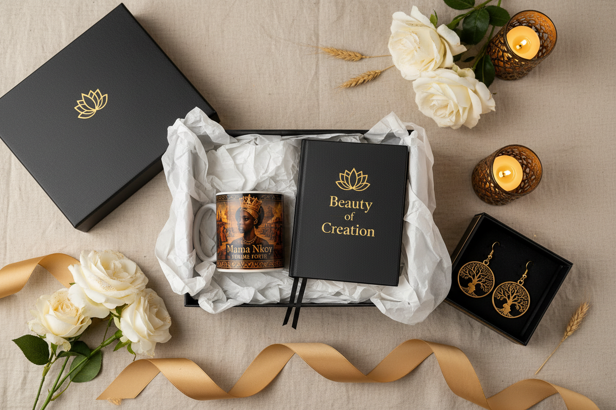 Coffret Cadeau Mama Nkoy — Mug Femme Forte + Leopard Notebook + Tree of Life Earrings