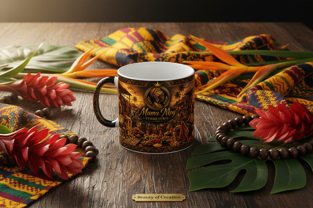 Mug Mama Nkoy sur une table africaine avec fleurs