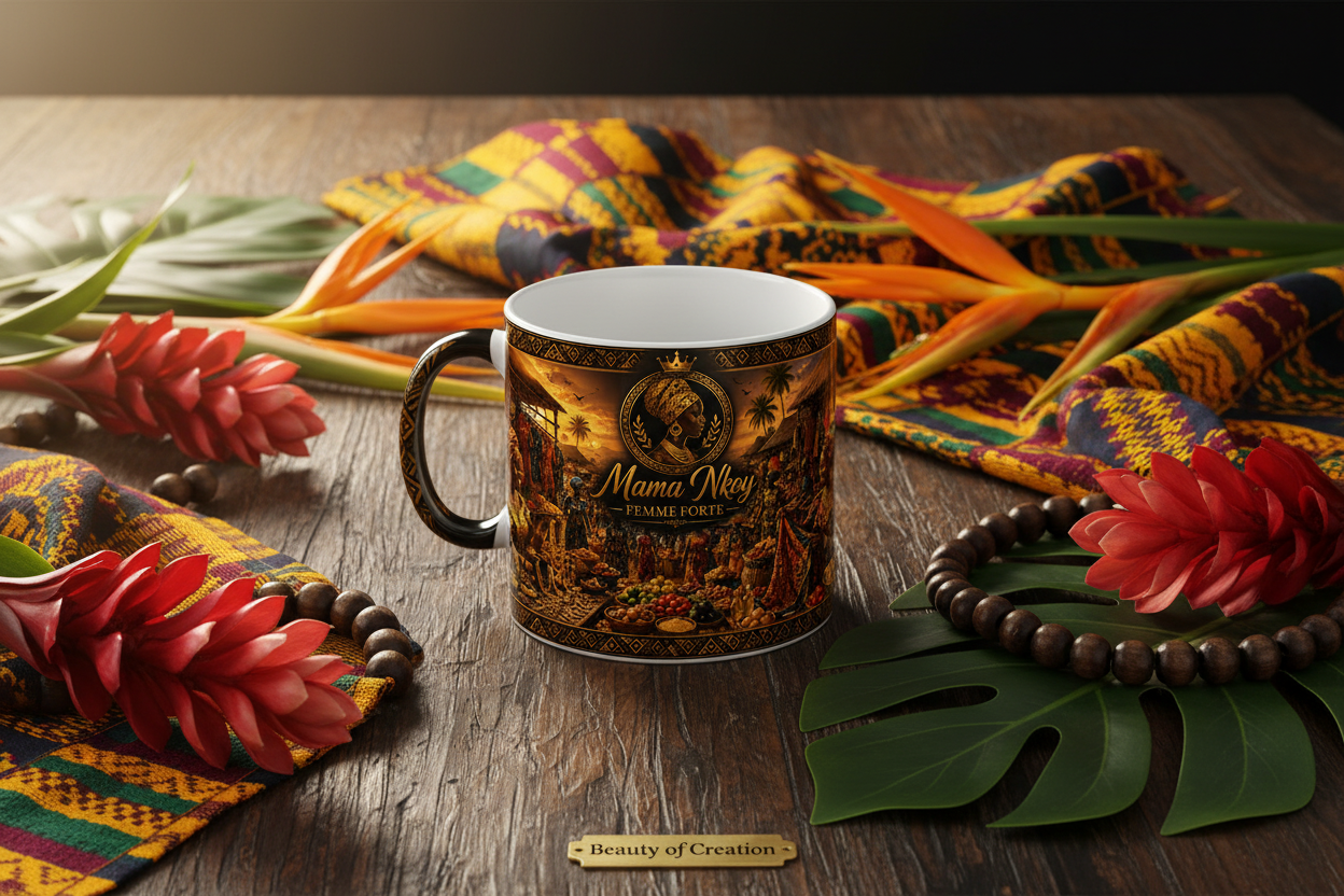 Mug Mama Nkoy sur une table africaine avec fleurs