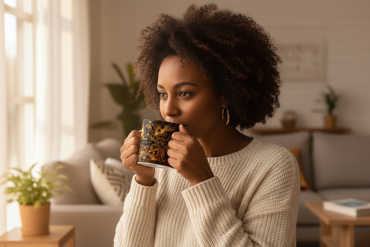 Femme africaine buvant son café avec le mug Mama Nkoy