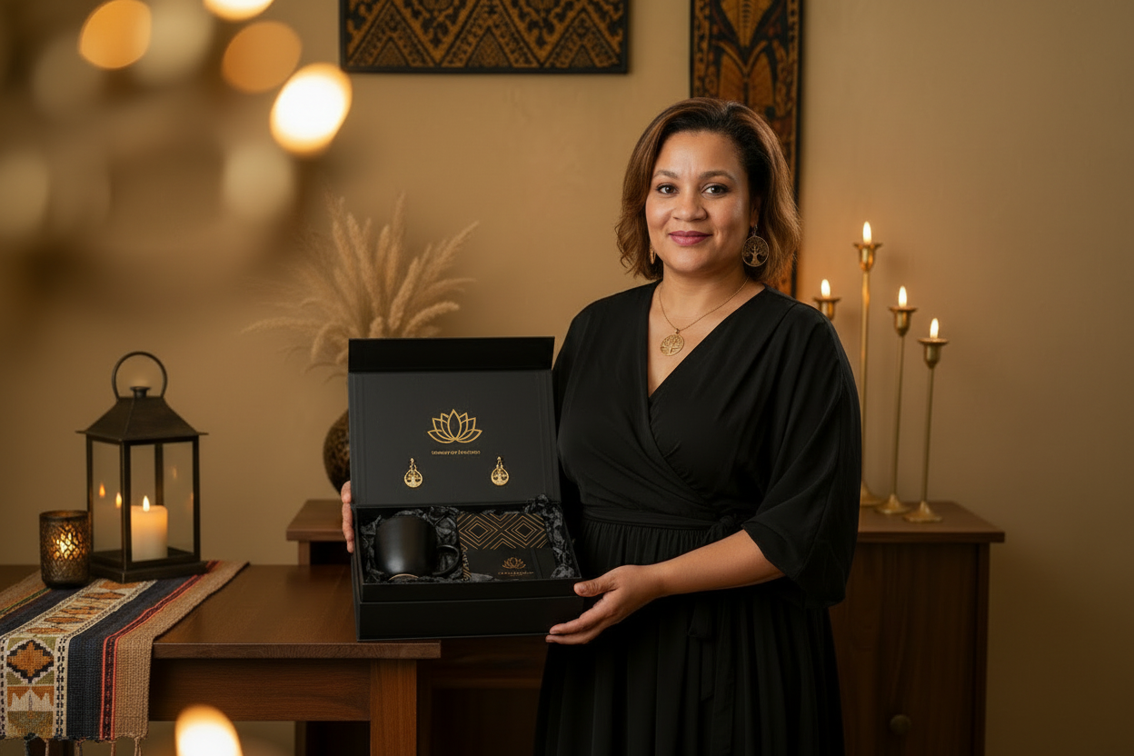 Femme élégante présentant le coffret cadeau Beauty of Creation dans un décor africain chaleureux