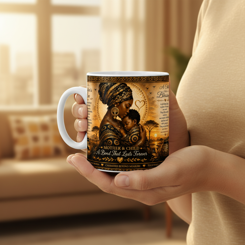 Mother and Child Mug tenu en main — ambiance chaleureuse et émouvante, lien mère-enfant africain