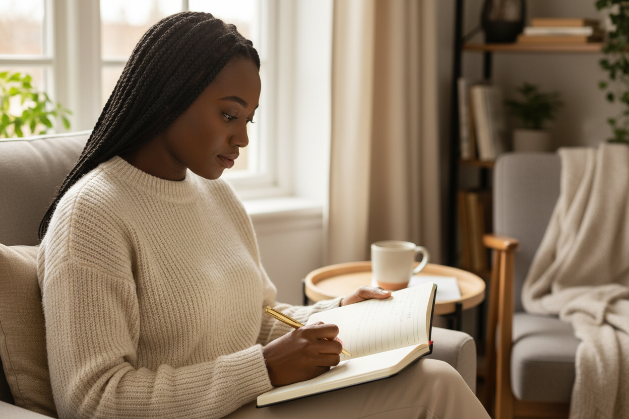 Femme africaine écrivant dans le Hardcover Leopard Notebook