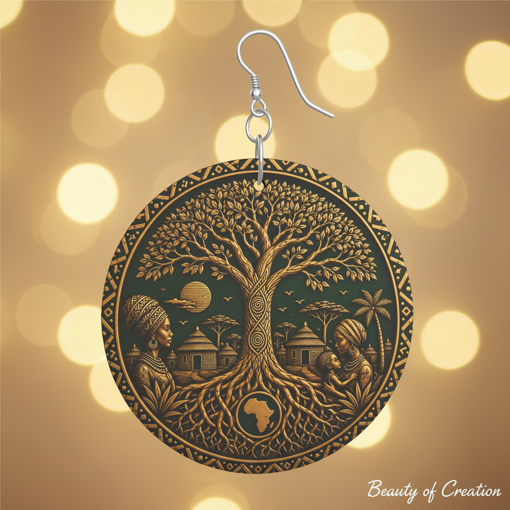 Gros plan boucles d'oreilles Tree of Life africaines