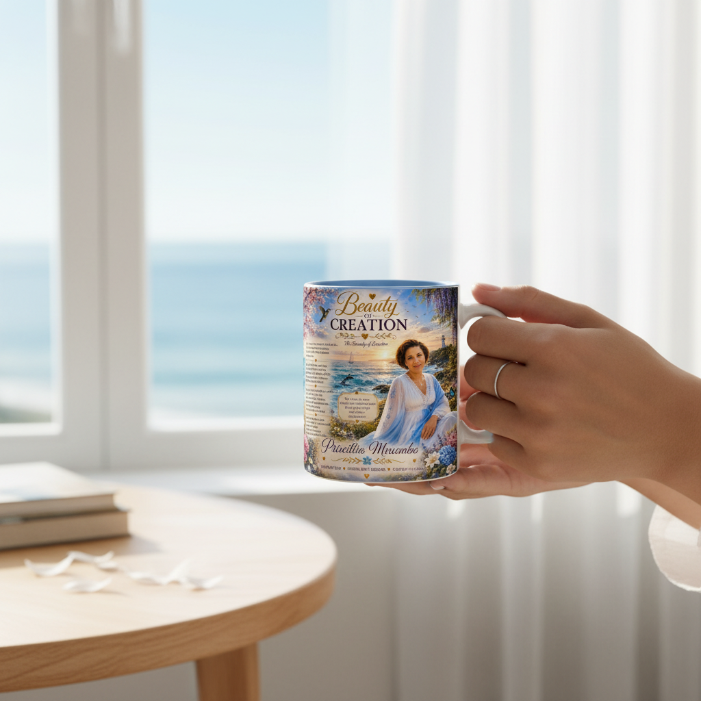 Ocean Mug held in hands — serene coastal sunrise lifestyle moment