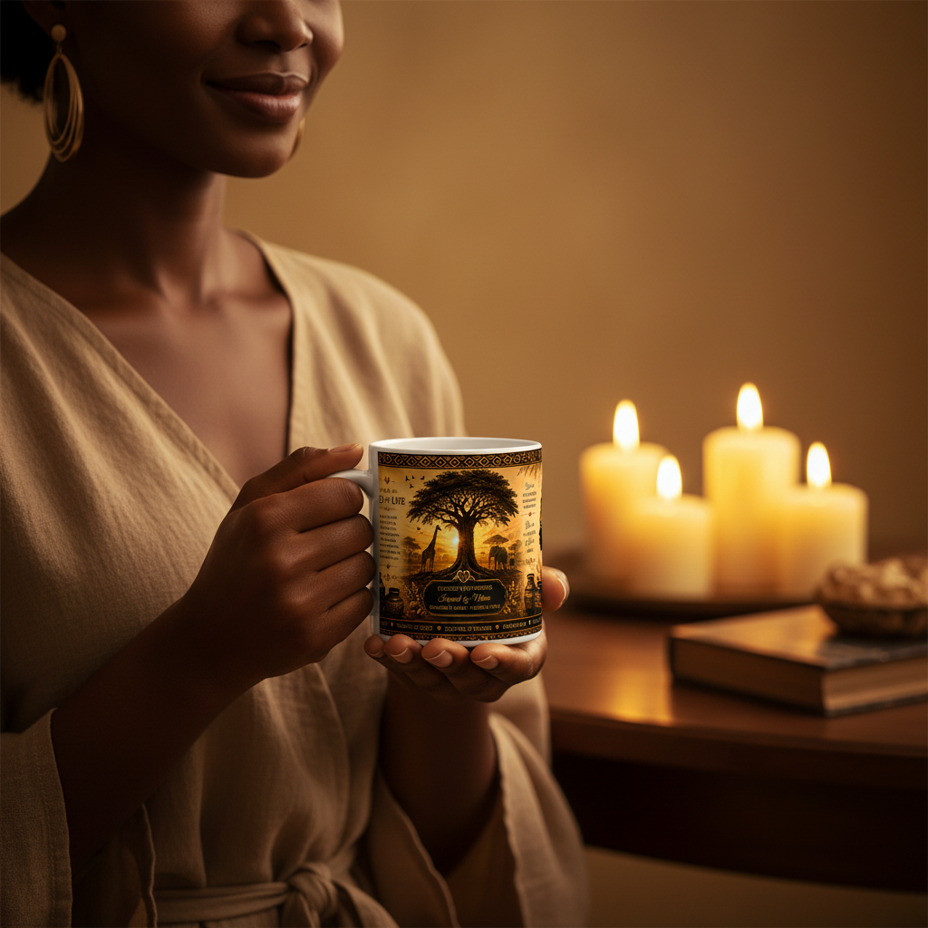 Tree of Life Mug tenu en main — femme africaine élégante, baobab doré au coucher de soleil, ambiance spirituelle