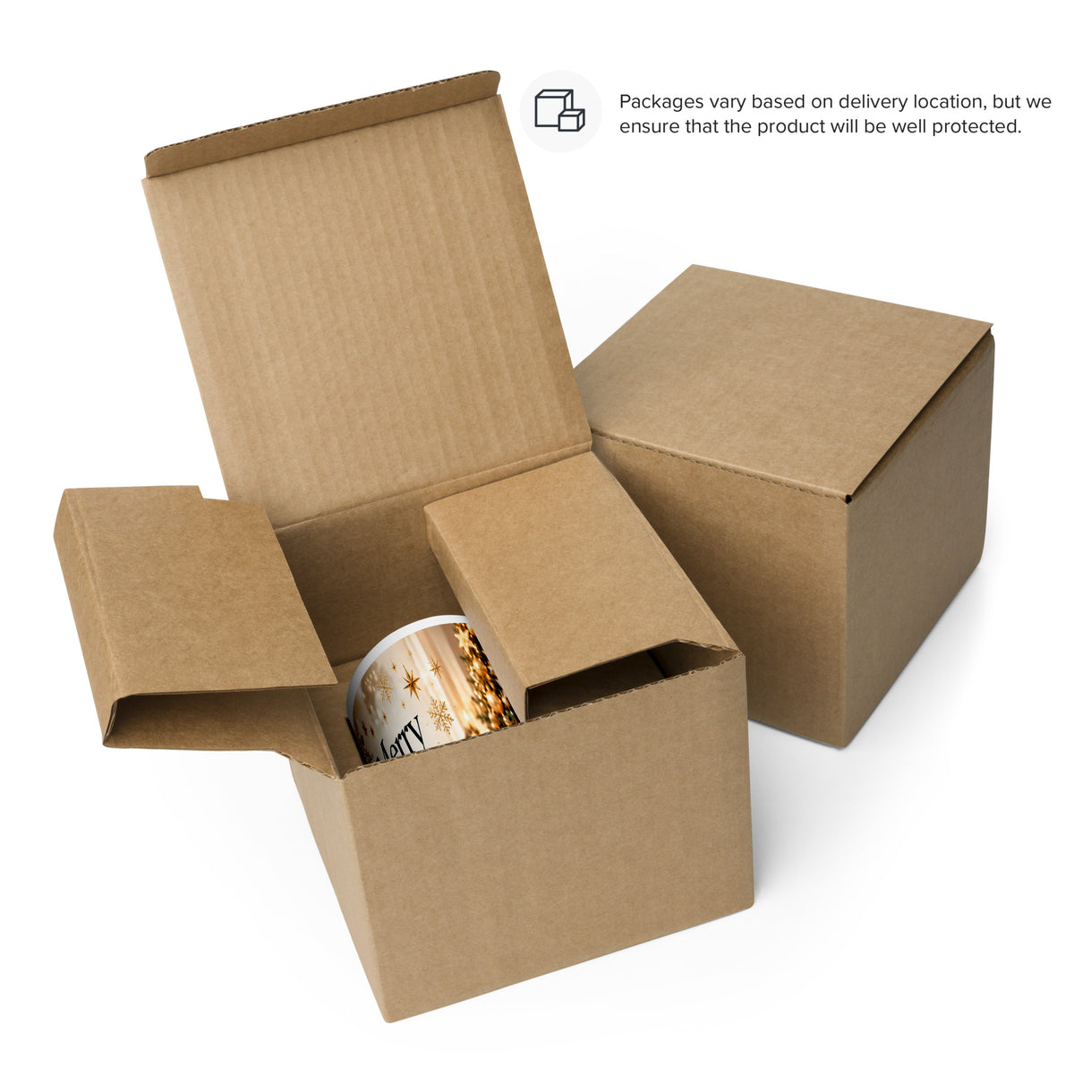 Beauty of Creation Christmas mug inside an open cardboard box beside a closed box