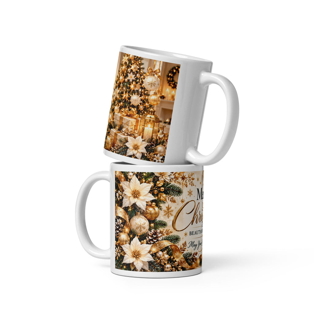 Two stacked Beauty of Creation Christmas mugs with gold ornaments, cream flowers and a festive tree