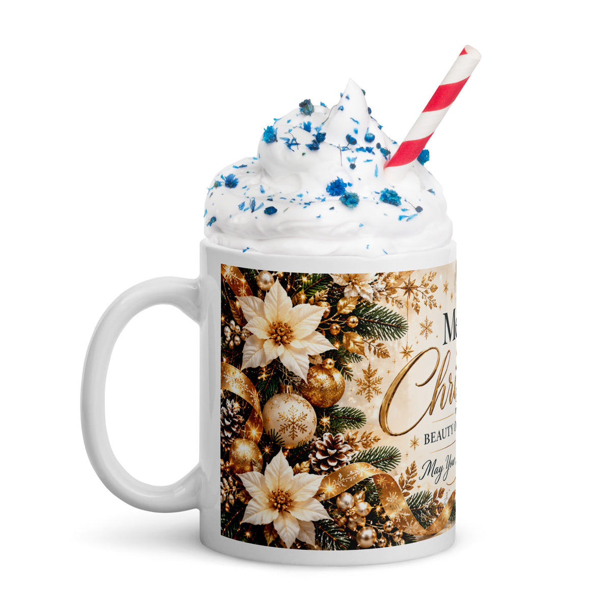 Beauty of Creation Christmas mug with cream flowers and gold ornaments, styled with whipped topping and a striped straw